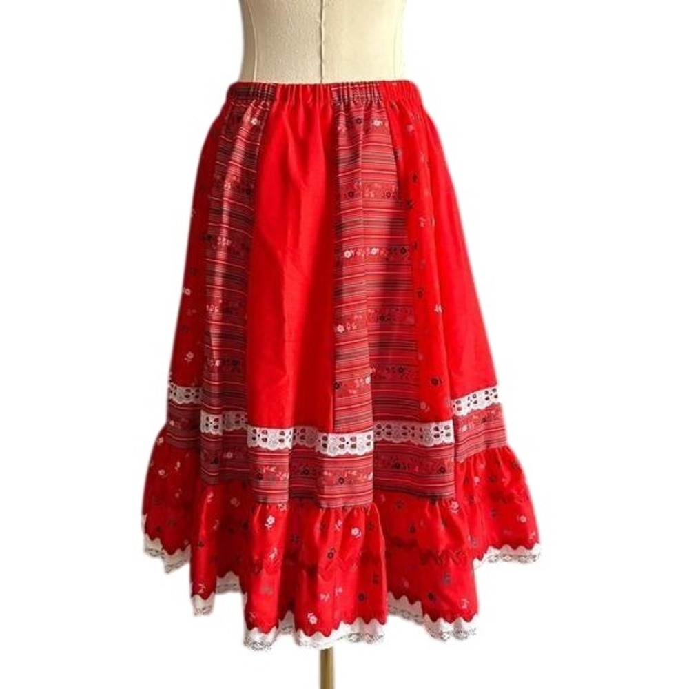 Vintage Little House Creations Red Floral Prairie Skirt Lace Trim Ric Rac Midi